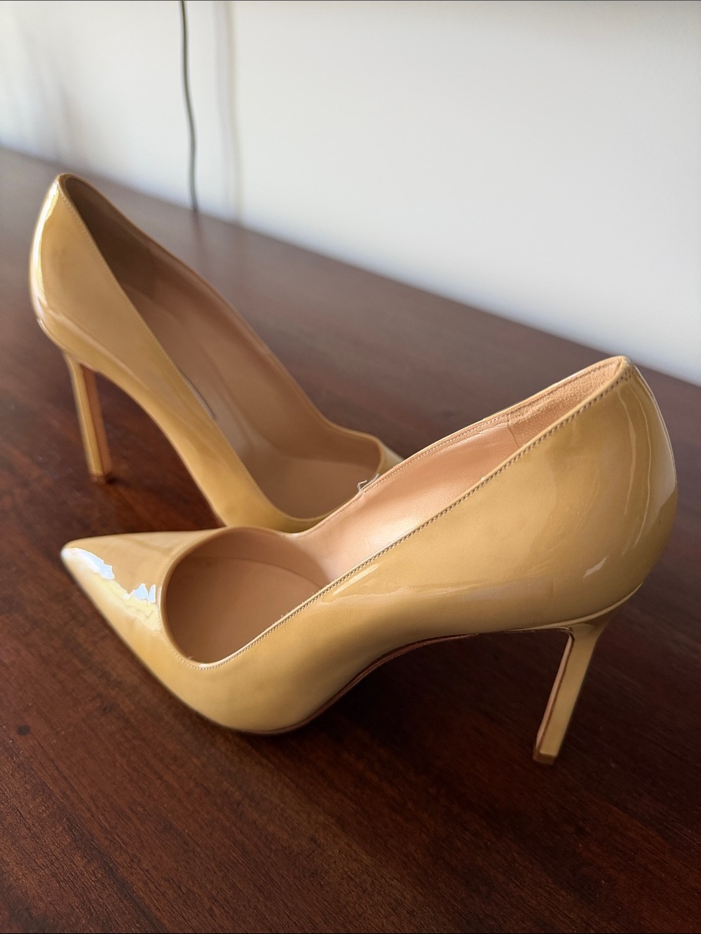 Manolo Blahnik Glossy Pointed-Toe Pumps in Beige